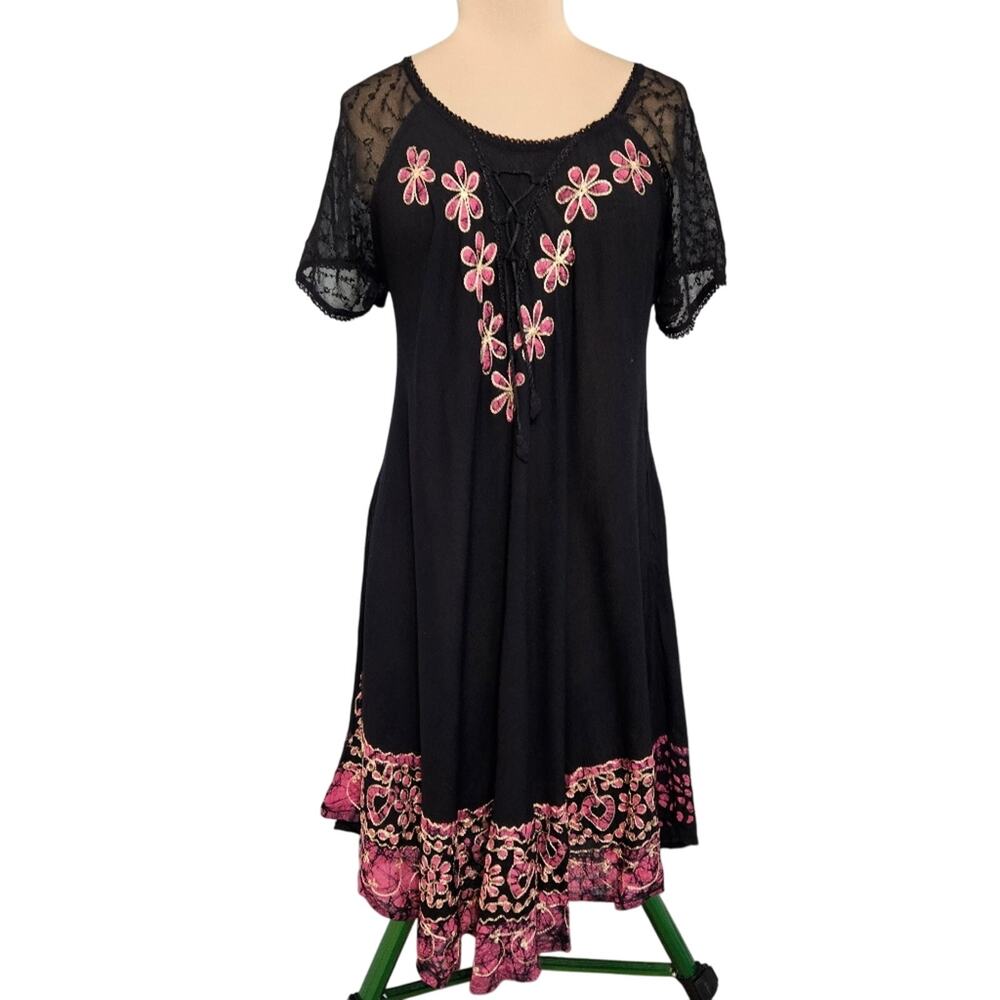 New Aqua Blue Black Pink Floral Embroidered Lace Dress Medium Goth Whimsigoth